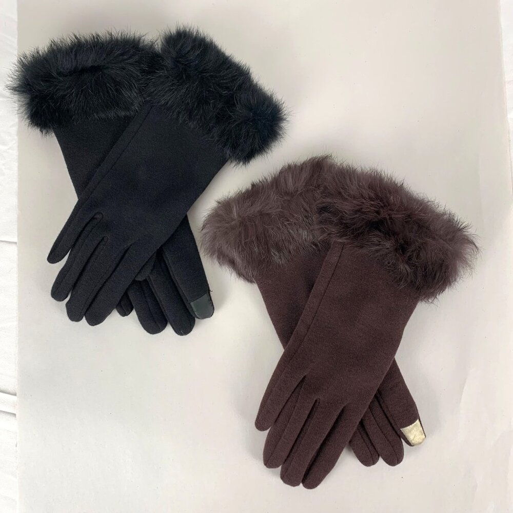 Set of Two Angela William Touchscreen Winter Gloves Faux Fur Trim Black + Brown